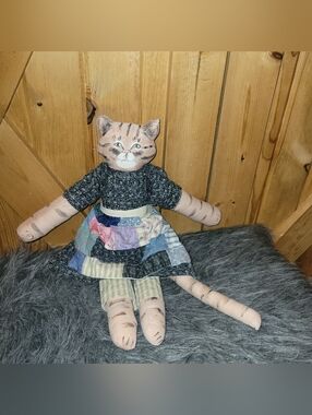 Vintage Primitive Folk Art Cloth Cat Doll Hand Painted Patchwork Dress 18"